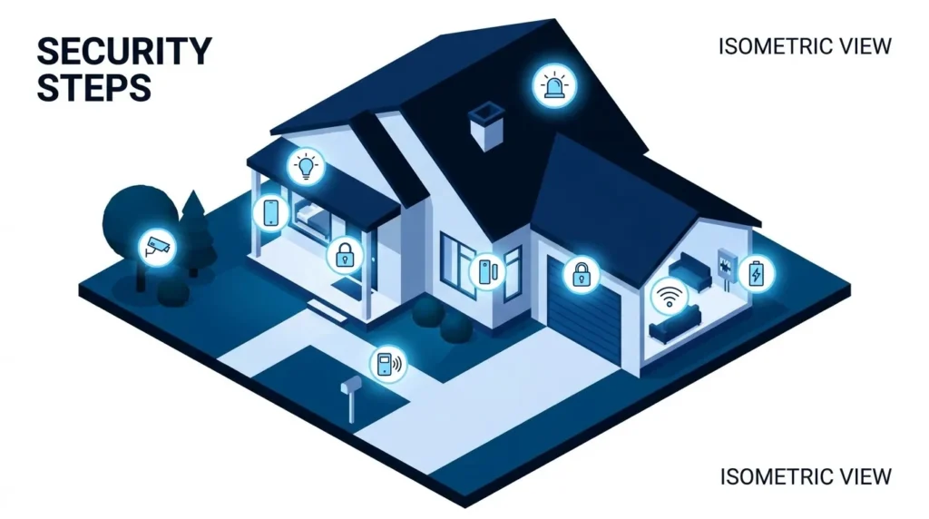 A 3D infographic illustrating a 10-step nighttime home security checklist.