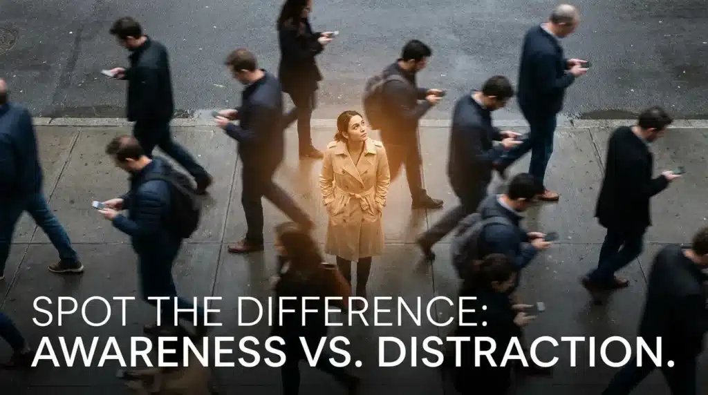A busy street scene comparing a distracted person on a phone with an aware person scanning the environment.