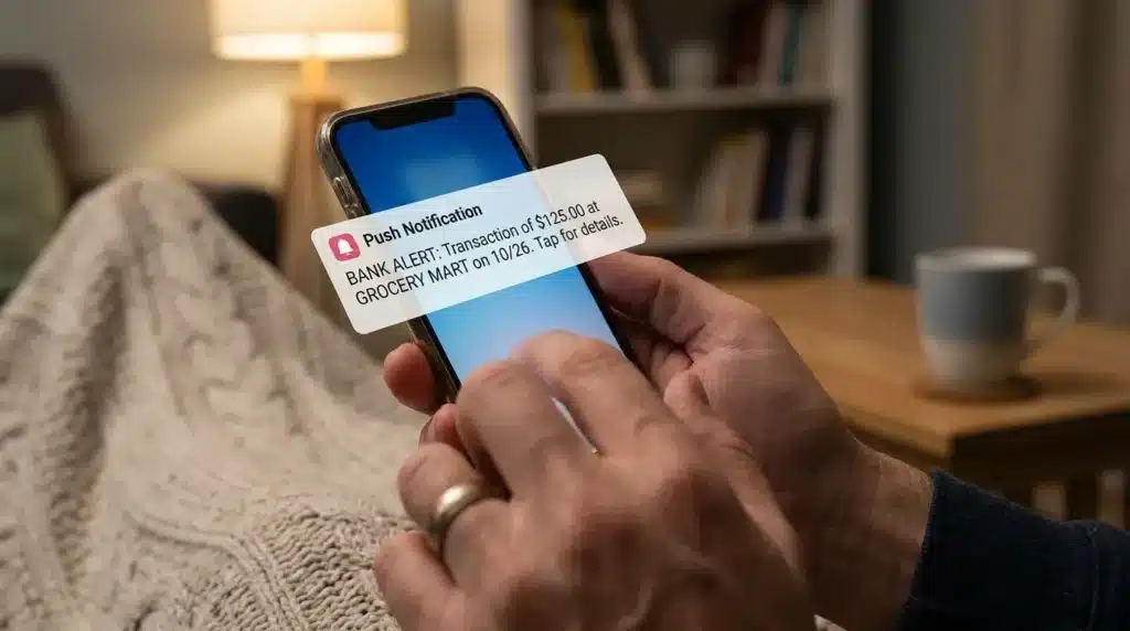 A person receiving an instant transaction alert on their phone for banking security.