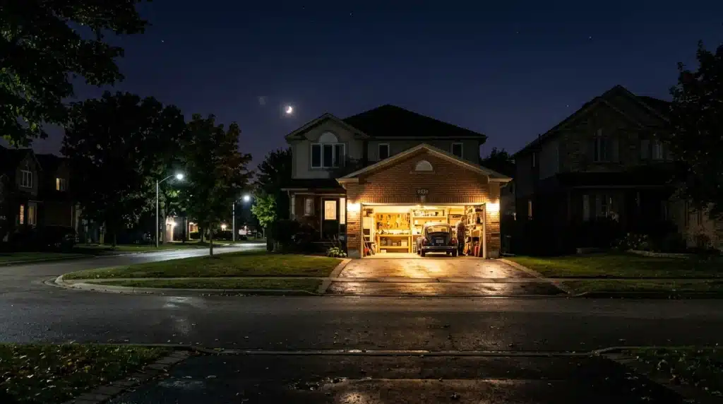 A wide-open garage door at night glowing with light, showing how it attracts attention on a dark suburban street.