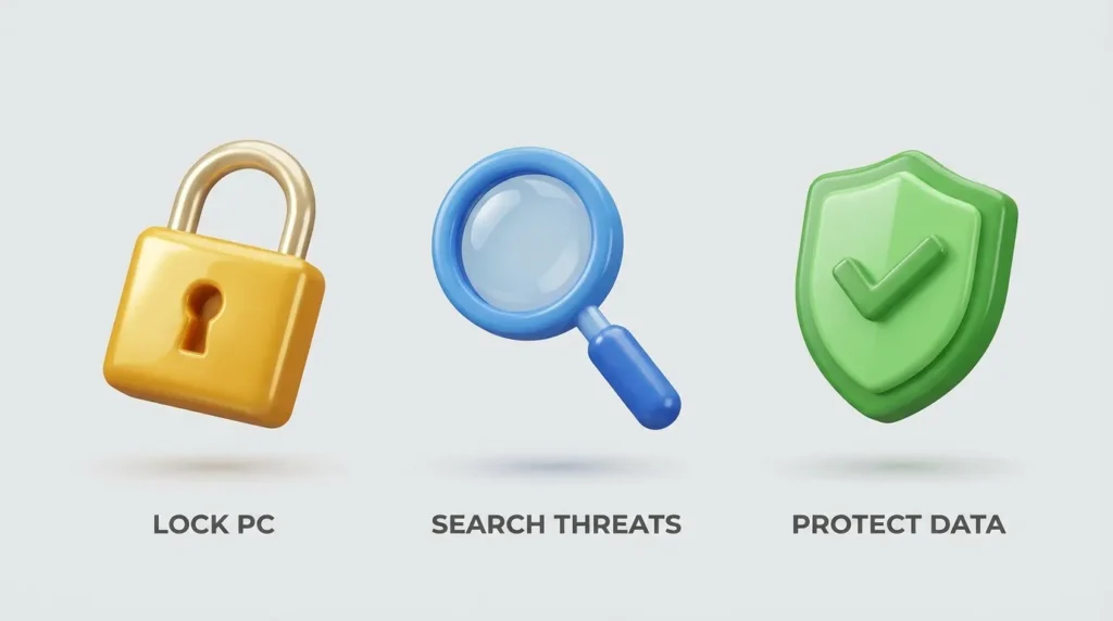 Three 3D icons representing a lock, a magnifying glass, and a shield for computer privacy.