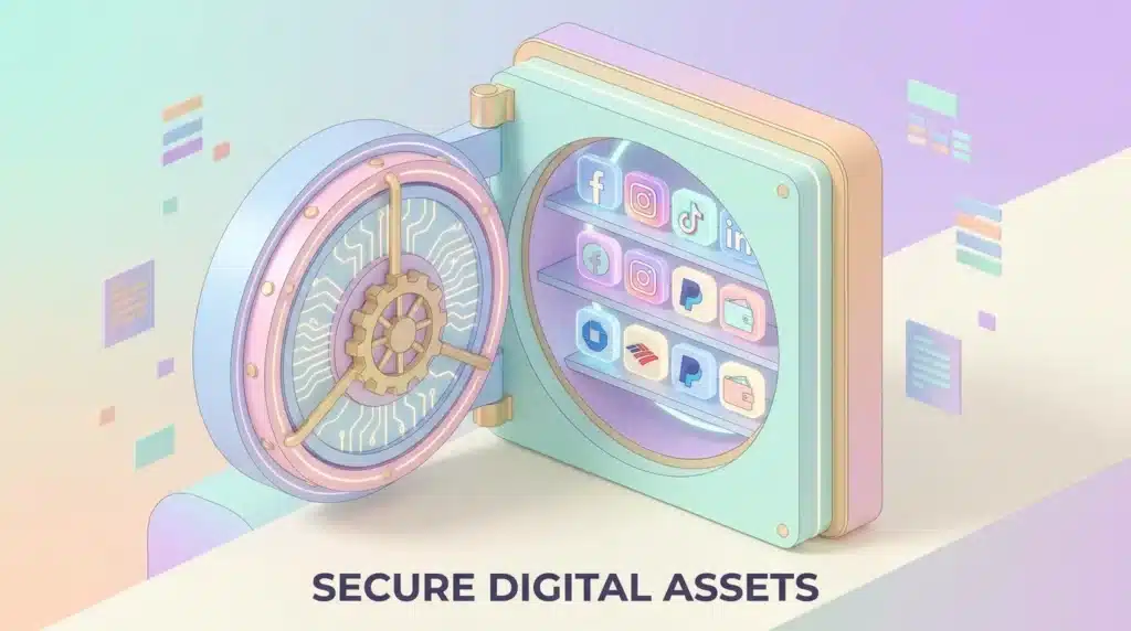 A 3D illustration of a digital vault holding organized social media and banking app icons.