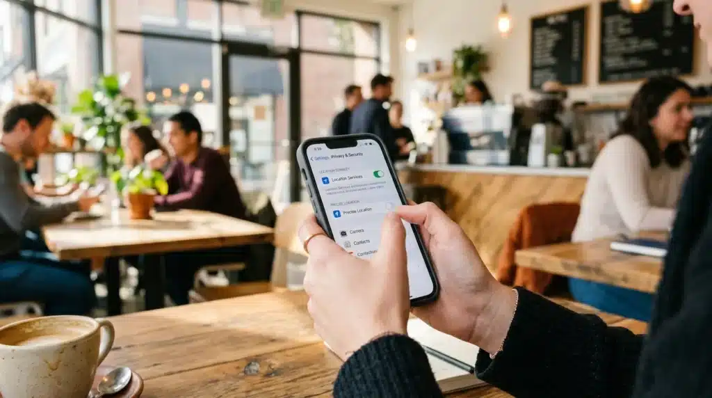 A hand holding a phone and turning off location permissions in the settings menu.