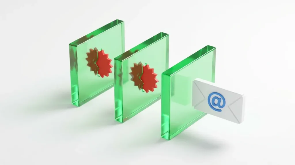 A 3D infographic showing the step-by-step process of filtering junk to stop spam emails effectively.