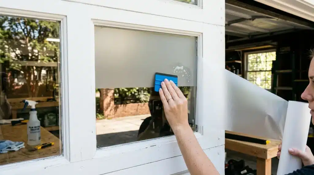 A person applying frosted privacy film to a garage door window to prevent burglars from looking inside.