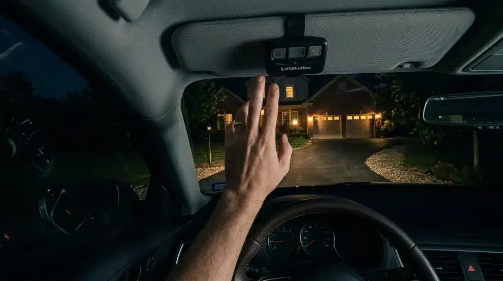 A close-up of a garage door remote clipped to a car sun visor, illustrating a common security mistake.