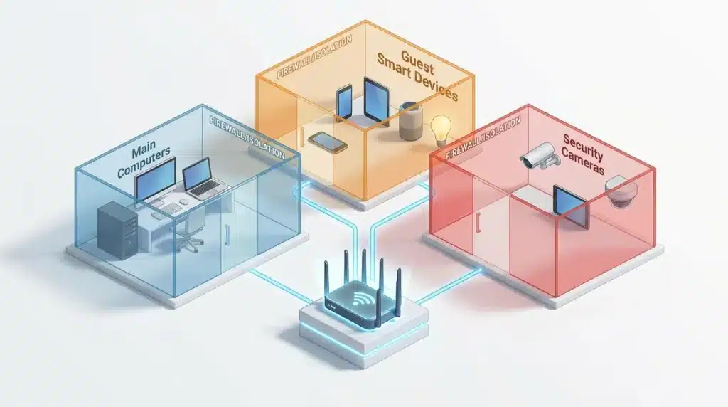A simple 3D illustration showing how to isolate smart home devices on a guest network to prevent hackers from reaching personal computers.