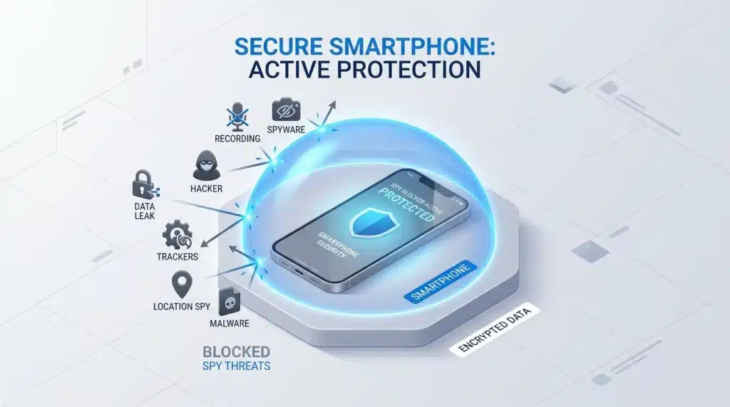 A 3D infographic showing a phone shield blocking tracking icons.