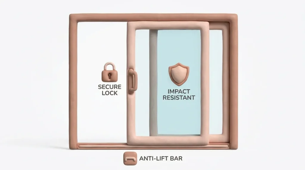 3D graphic showing the three layers of sliding door security: lock, bar, and film.