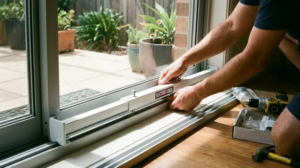 Hands placing a metal security bar into the track of a sliding door.