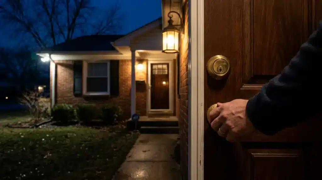Homeowner checking the front door lock at night as part of a nighttime home security checklist