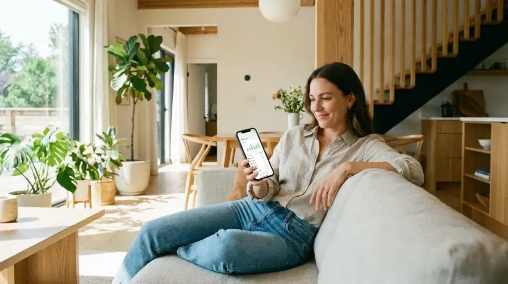 A person holding a smartphone in a bright room representing the peace of mind found after learning to stop spam emails.