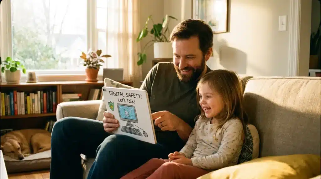 A father and daughter looking at a tablet together in a sunny living room.