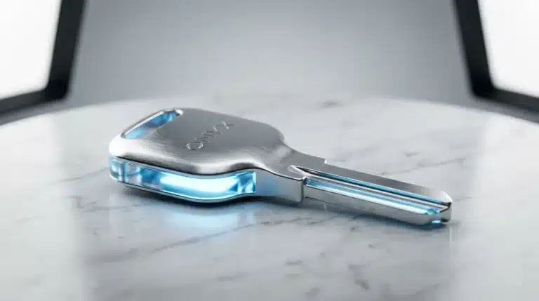 A glowing digital key on a white marble surface representing the security of a password manager.