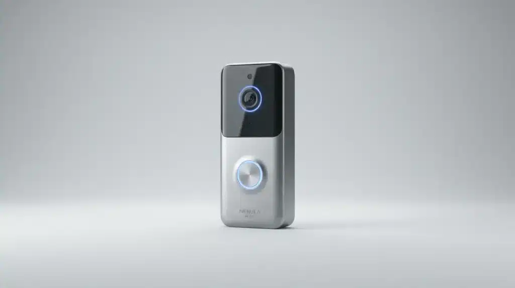 A modern silver video doorbell camera installed near a front door to deter porch pirates