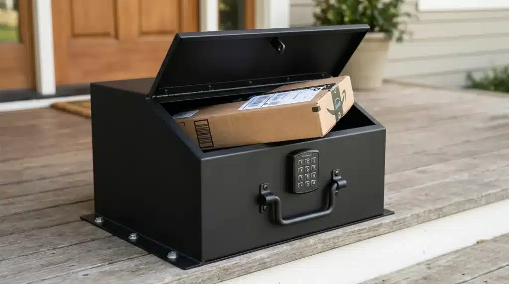 A heavy-duty metal parcel lockbox bolted onto a front porch to prevent package theft