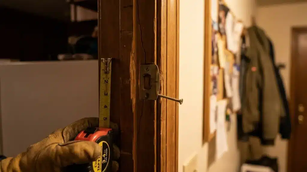 Close-up of a cracked wooden door jamb caused by short strike plate screws, illustrating common frame reinforcement mistakes