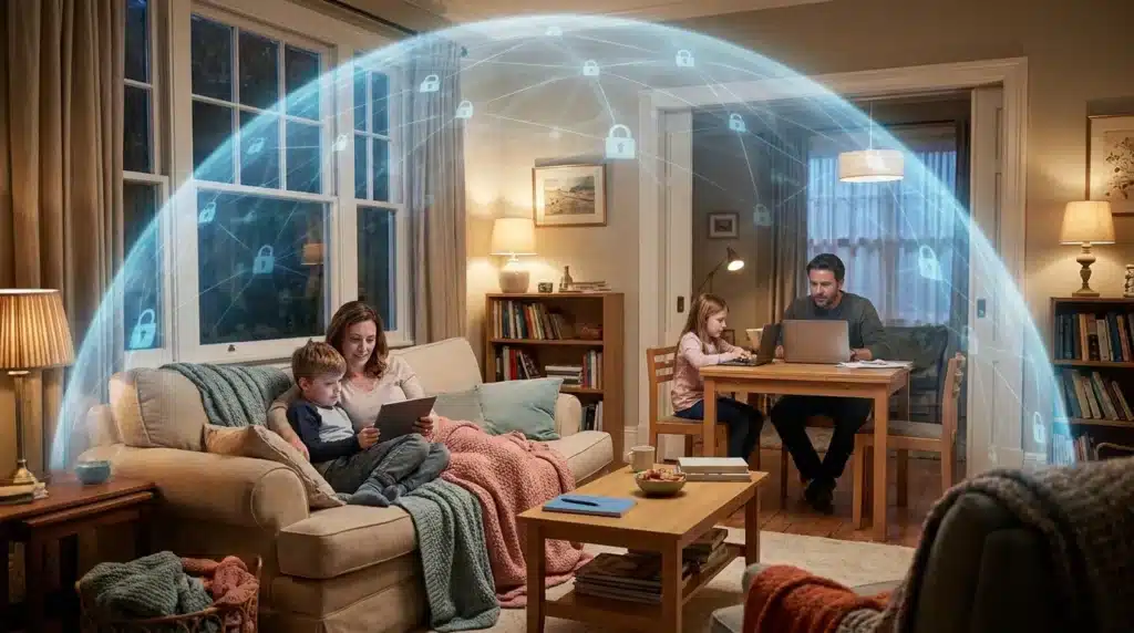 A happy family using their devices under a secure connection while learning to protect home Wi-Fi network.