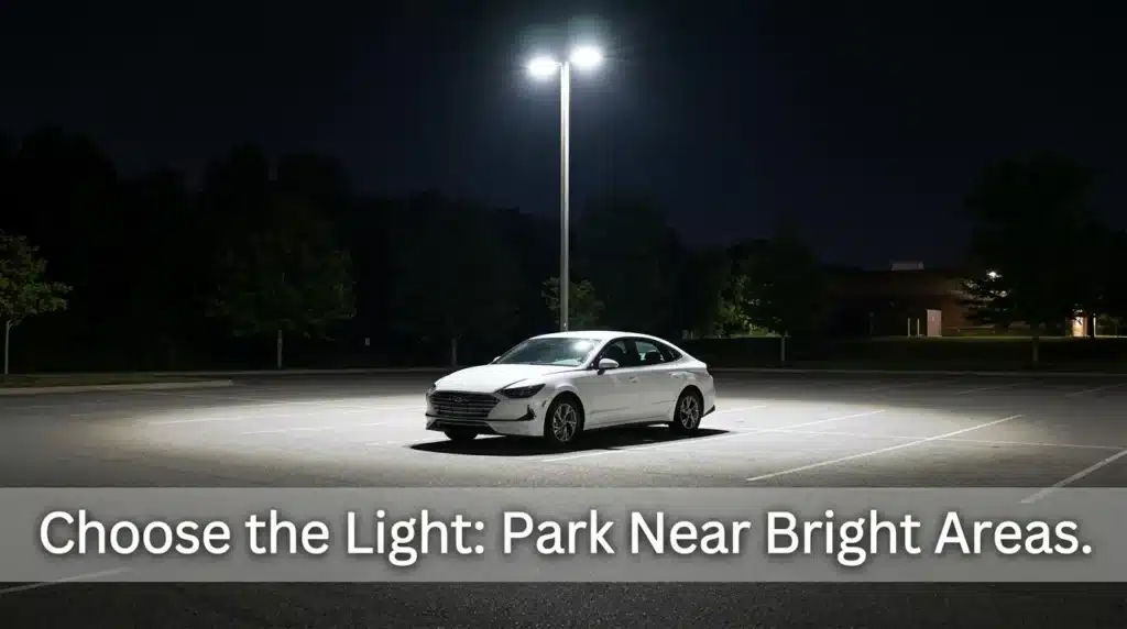 A car parked under a bright streetlight in a dark parking lot to show safe commuting habits.
