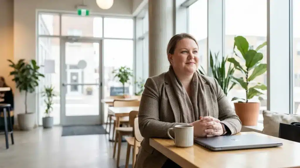 A woman sitting in a cafe with her back to the wall to maintain a clear view of the entrance for safety.