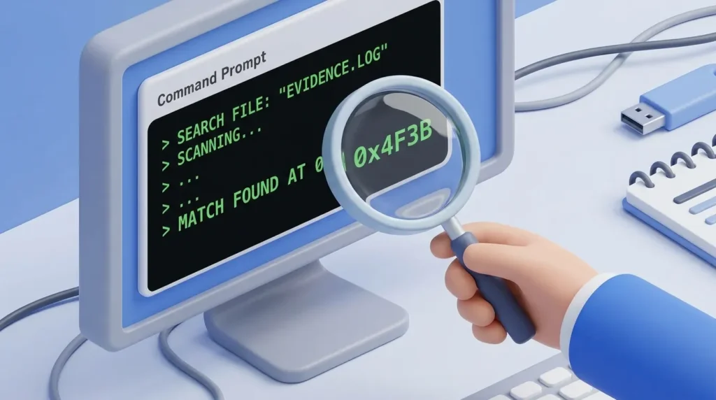 A 3D illustration of a magnifying glass inspecting computer code on a monitor for hidden threats.