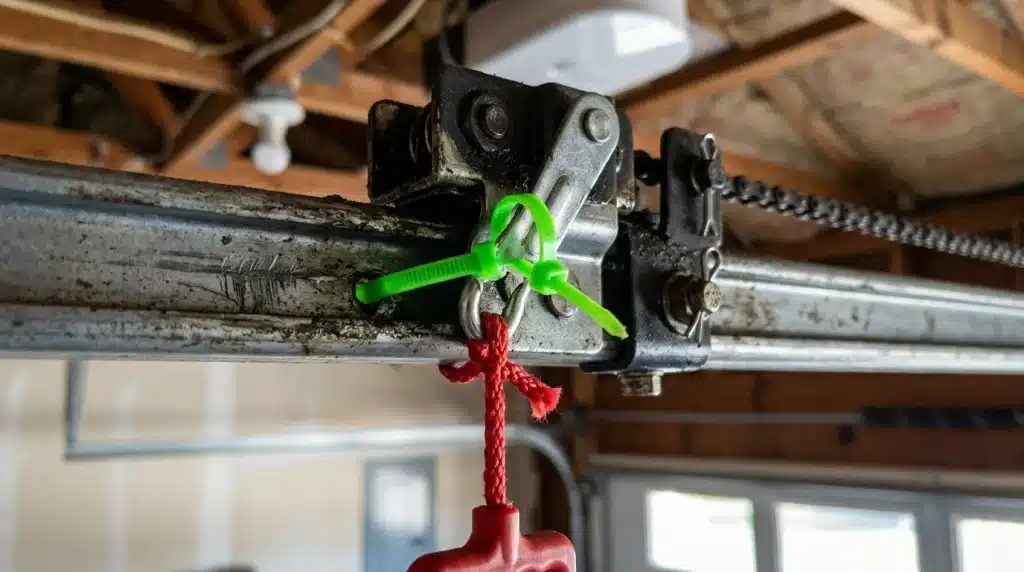 A detailed view of a garage door emergency release carriage secured with a plastic zip-tie to prevent manual burglary attempts.