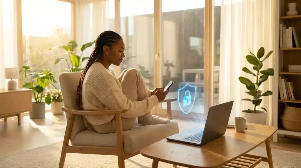 A user safely logging into their computer using multi-factor authentication on their phone.