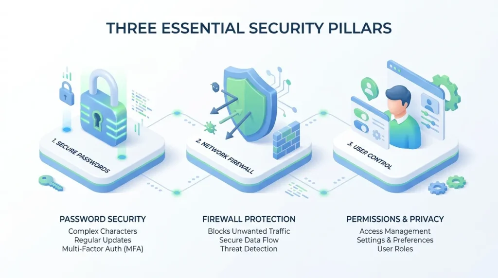 An infographic showing the three main pillars of Wi-Fi security: passwords, firewalls, and user monitoring.