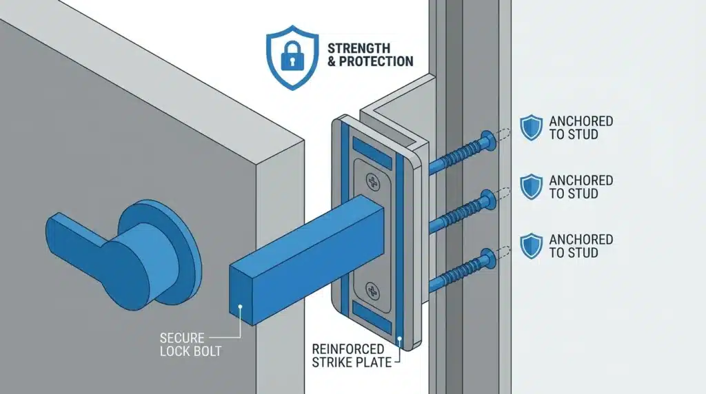 A person using a smartphone app to unlock a smart door lock with a digital security shield icon