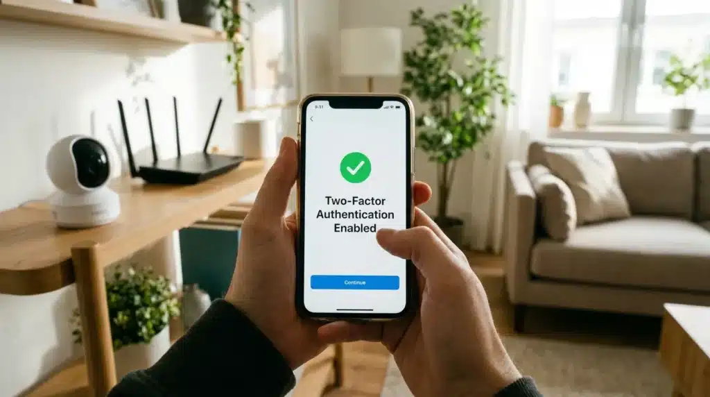 A person holding a smartphone and enabling two-factor authentication to protect their smart home cameras and devices from unauthorized access.