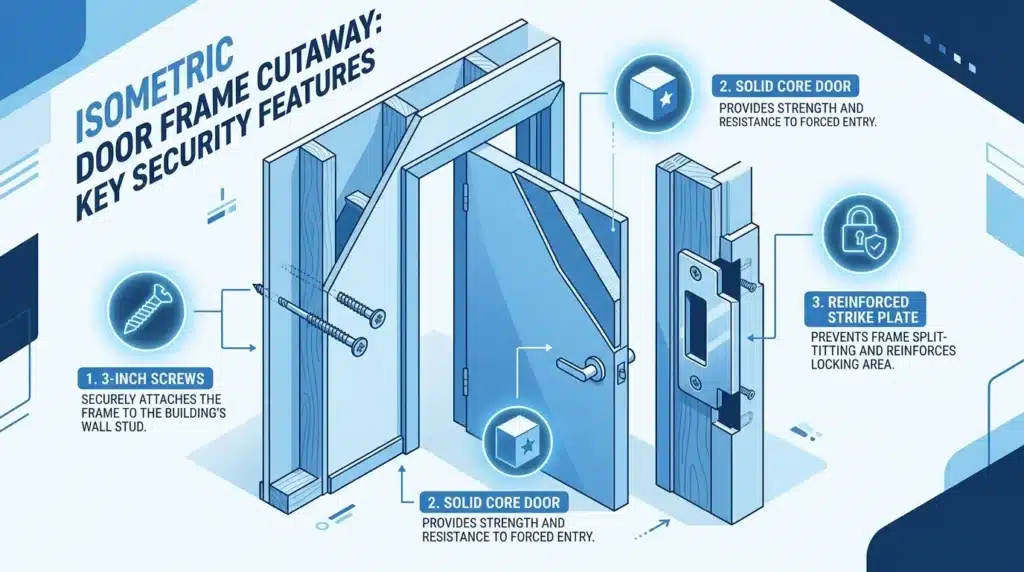 Isometric door frame cutaway diagram showing 3-inch screws reaching the wall stud