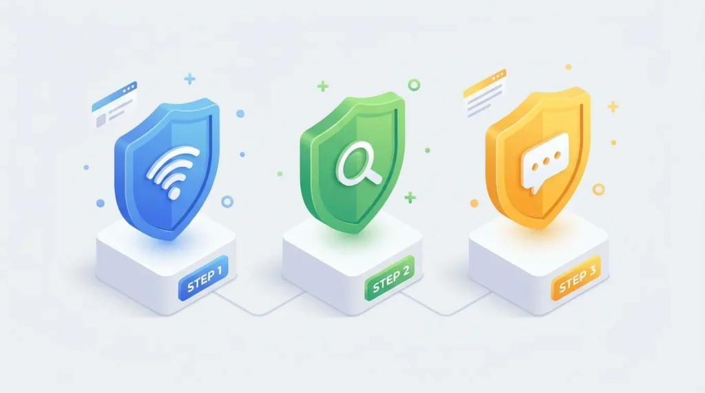 A 3D illustration of three shields representing Wi-Fi safety, search filters, and communication.