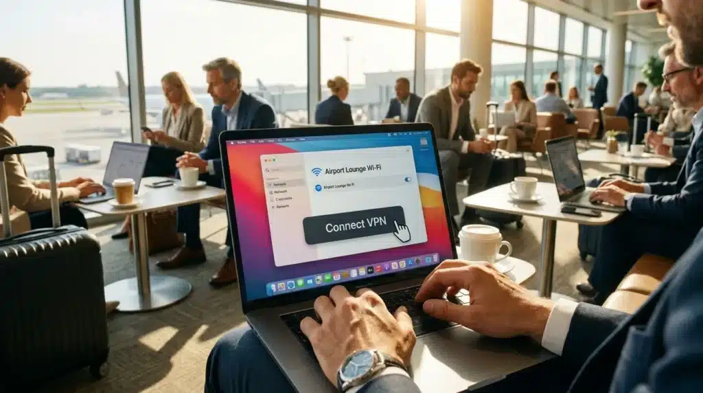A person activating a VPN on their laptop while waiting at an airport.