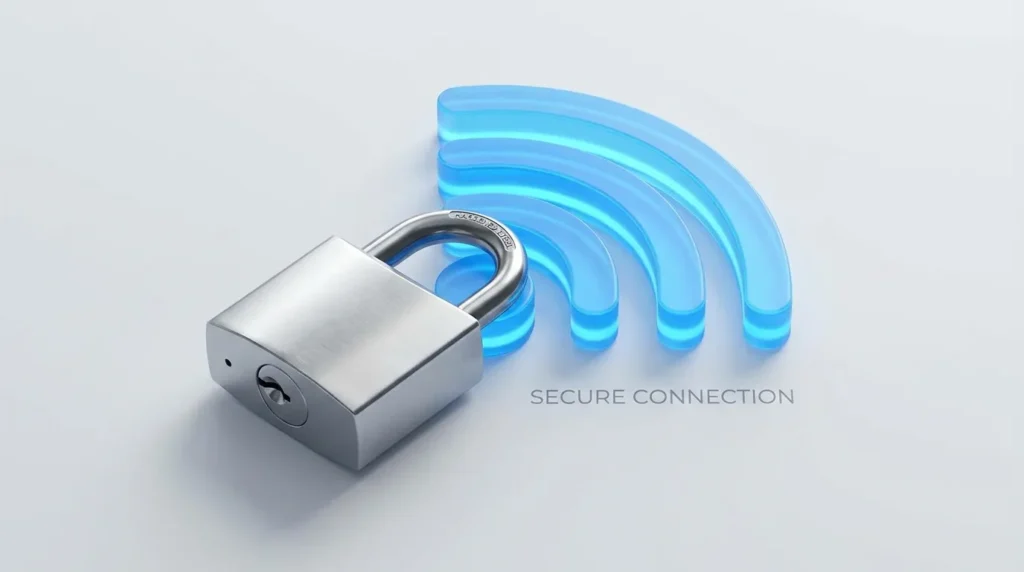 A simple 3D icon of a Wi-Fi signal with a padlock to explain how to protect home Wi-Fi network.