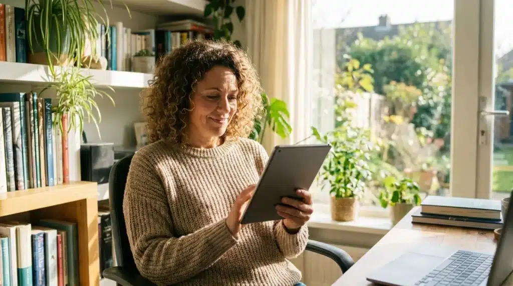A woman calmly reviewing her social media privacy settings on a tablet in a sunny home office.