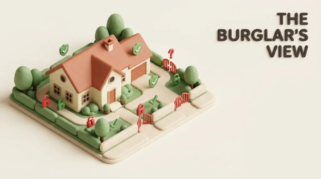 A 3D isometric infographic showing common landscaping vulnerabilities and safe practices to secure a home.