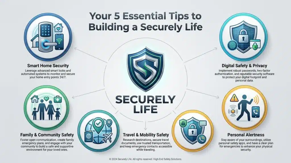 An infographic showing 5 essential tips for a Securely Life including home security, digital safety, personal, travel, and family safety.