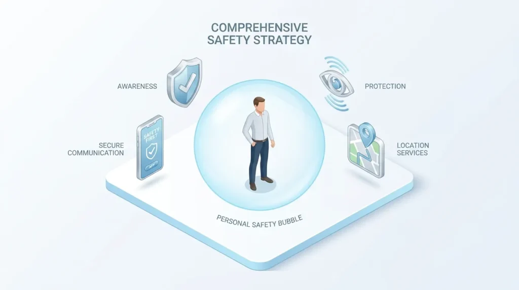 A professional 3D infographic showing a structured personal safety guide strategy involving awareness, tools, and digital safety habits.