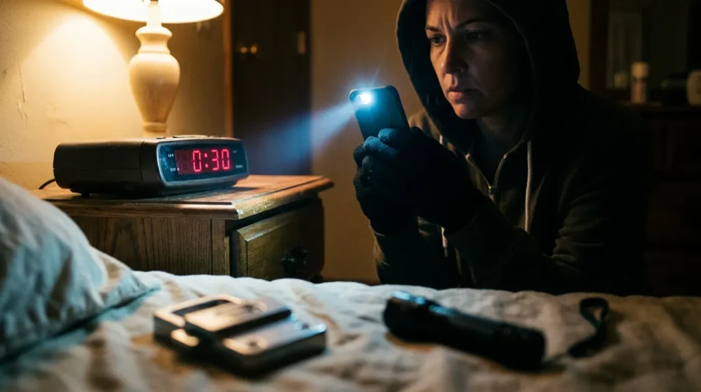Close-up view of a cautious traveler scanning an Airbnb bedroom for hidden cameras and indoor hazards to check if hotels are safer than airbnb for travelers.