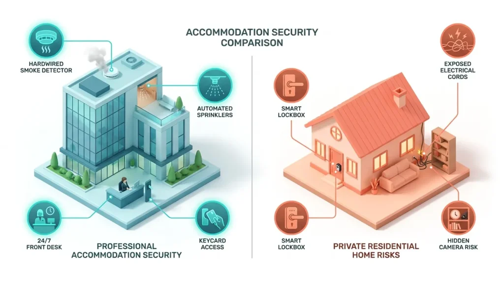 Isometric 3D infographic showing commercial hotel security features vs private Airbnb rental safety gap for modern travelers.