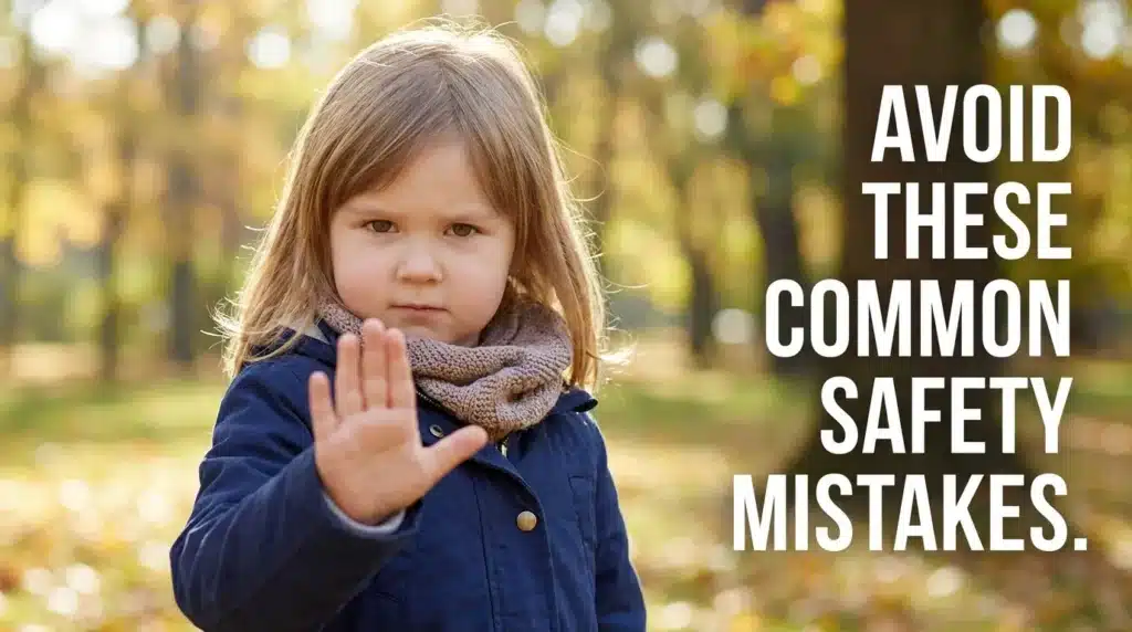 A young girl making a stop sign to illustrate how to avoid these common safety mistakes with tricky people.