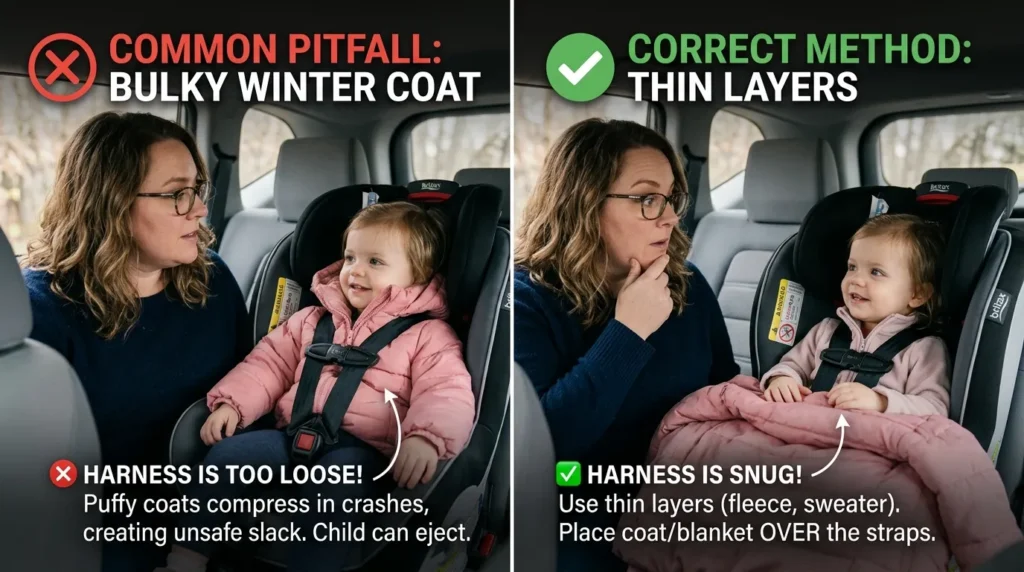 A relatable American woman identifying common mistakes while learning essential car seat safety tips for parents to prevent travel risks.