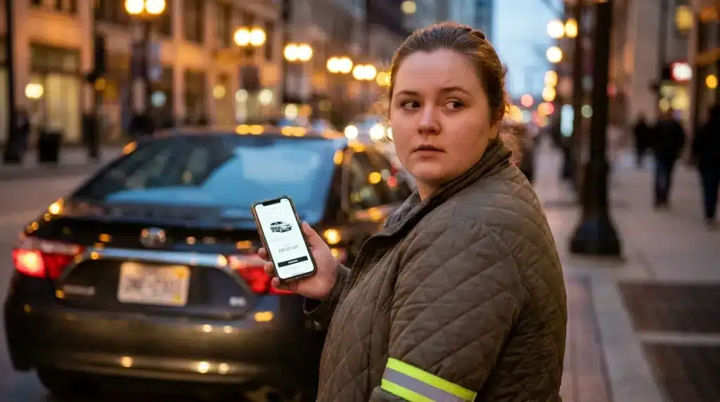 A cautious female traveler verifying vehicle information on her phone to avoid common ride-sharing safety pitfalls.