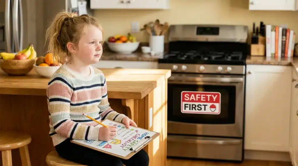 A young girl reviewing a safety checklist to avoid common mistakes when staying home alone without supervision.