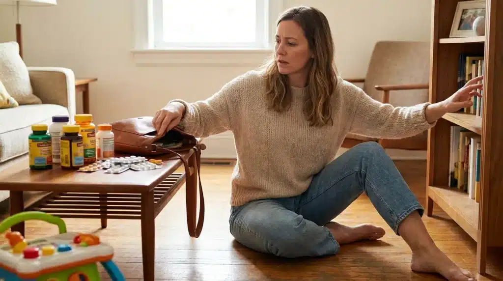 A concerned European mother moving an open purse with vitamins away from a low table to avoid mistakes with common household poison hazards to hide from kids.