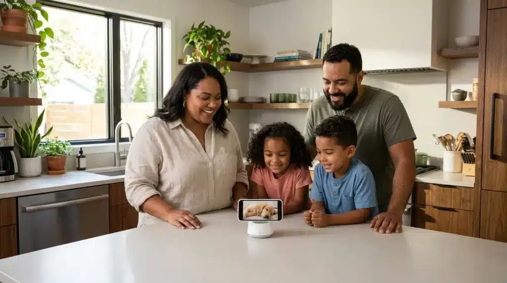 A family using smart technology to maintain pet safety at home and avoid common indoor hazards for their beloved pets.