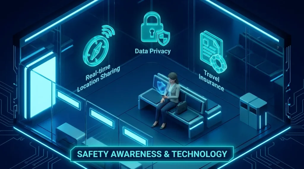 A 3D isometric infographic showing a traveler using digital safety tools to avoid common travel security slip-ups.