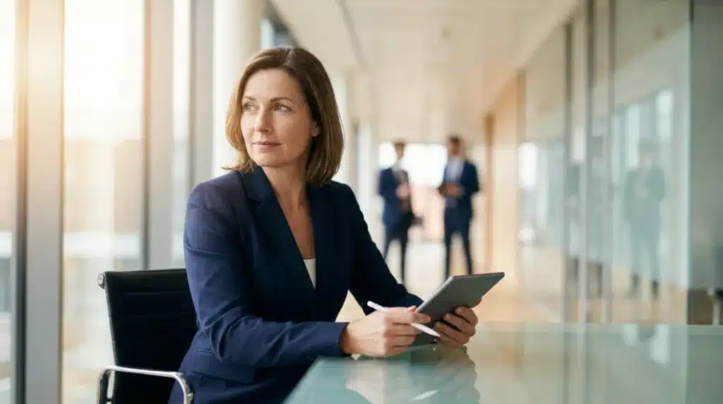 A smart professional woman sitting calmly in her office, knowing how to avoid common mistakes and traps when dealing with workplace harassment.