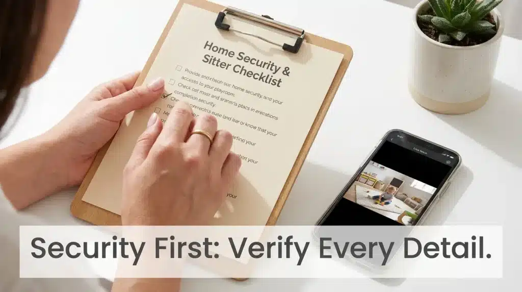 A European woman checking off security questions on a babysitter vetting list next to a home security app.