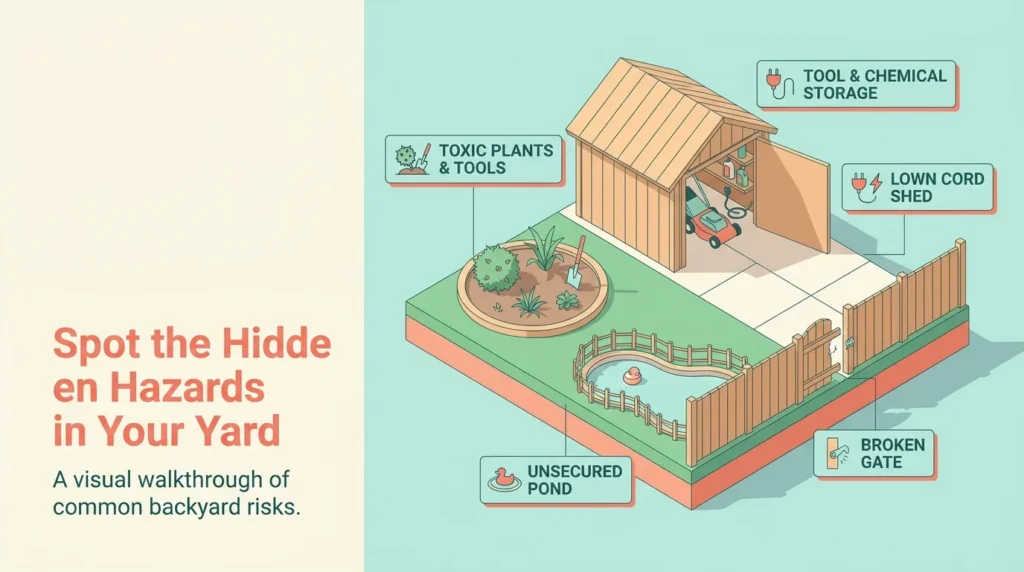 Illustrated diagram showing backyard hazards for kids and pets including garden beds, sheds, and ponds